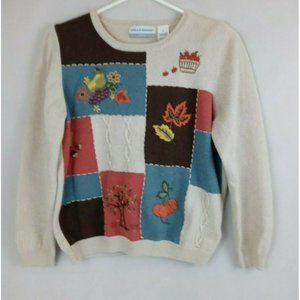 Alfred Dunner Petite Embroidered Sweater Fall Leaves & Pumpkins Design Size PL